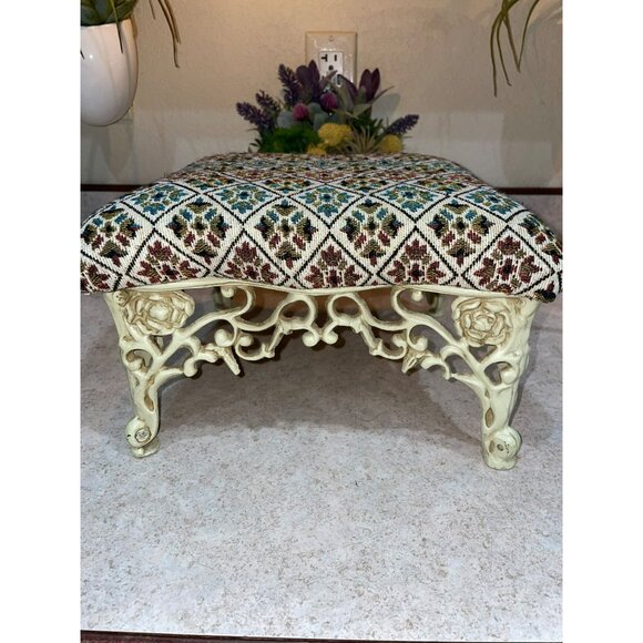 Vintage Ornate Needlepoint Footstool With Floral Pattern & Intricate Carved Meta - Picture 3 of 5